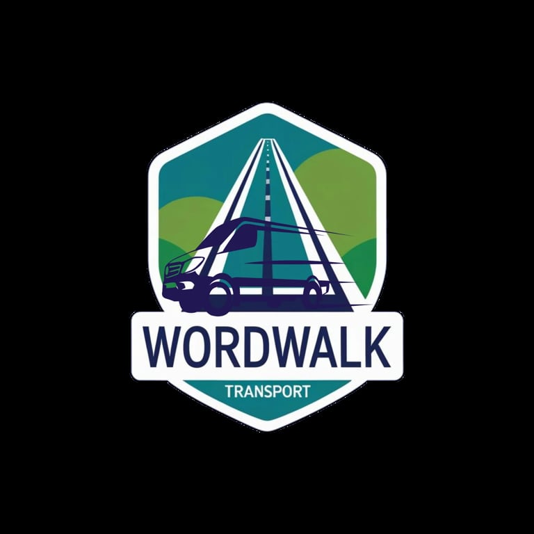 Wordwalk Transport logo featuring a highway bridge with green hills on a teal hexagonal badge